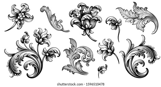 Vintage spring flower summer daisy scroll Baroque Victorian frame border floral ornament leaf engraved retro pattern decorative design tattoo black and white filigree calligraphic vector