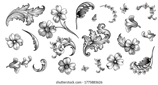 Vintage spring flower summer daisy scroll Baroque Victorian frame border floral ornament leaf engraved retro pattern decorative design tattoo black and white filigree calligraphic vector