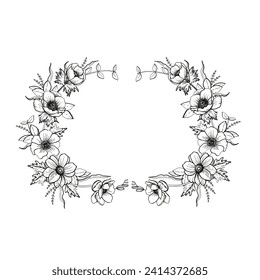 Vintage spring flowers anemones frame. Manual graphics. Vector illustration.