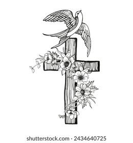 Vintage spring flowers and bird cross. Manual graphics. Vector illustration.