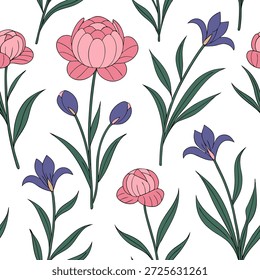 Vintage primavera jardim padrão sem costura com peônias e íris para espaços de jardim nostálgico conceito como peônias nostálgicas e íris perfeitamente padronizado para um vintage inspirado primavera jardim em casa ou espaços ao ar livre no Photo Stock Concept e espaço vazio no lado esquerdo, sem texto —ar 7:2 —azulejo