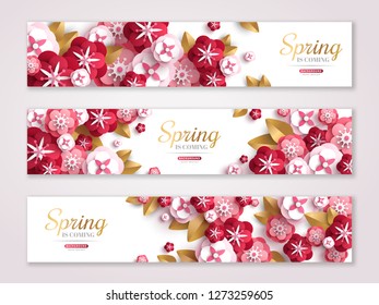 Vintage spring horizontal banners set with pink paper cut flowers and golden leaves. Place for text. Fresh floral background for web design, brochures or vouchers.