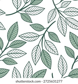 Vintage spring leaves seamless pattern with muted colors and intricate line work for a nostalgic aesthetic concept as Nostalgic spring leaves pattern with muted colors and intricate line work ideal for vintage spring designs in Photo Stock Concept and empty space on the left side,no text --ar 7:2 --tile