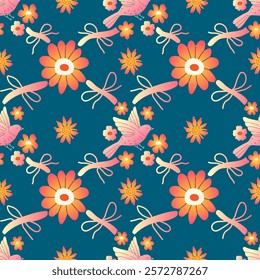 Vintage spring pattern with flowers and birds on a dark background. Vector illustration
