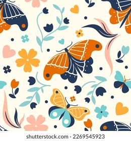 Vintage spring seamless pattern with butterfly, herbs and flowers. Retro bloom concept. Mystery witchcraft backdrop. Flat illustration