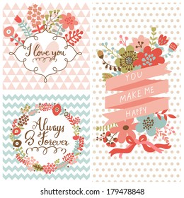 Vintage spring set. Stylish floral cards with labels, ribbons, hearts, flowers. Save the date invitations in vector