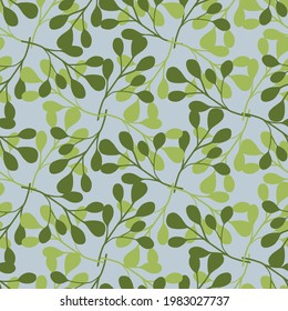 Vintage Frühling Stil nahtlose Muster mit grünen weißen Eukalyptusformen. Blauer Hintergrund. Geometrischer Stil. Entworfen für Stoffdesign, Stoffdruck, Umhüllung, Abdeckung. Vektorgrafik.