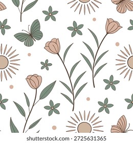 Vintage Frühling Sonnenschein nahtloses Muster mit gedeckten Farben und weicher Sonnenaufgang für Retro-Stil Frühling Dekor Konzept als Retro Frühling Sonnenschein Muster mit gedecktem Sonnenaufgang und weiches Licht ideal für Vintage inspirierte Frühling Projekte in Foto Stock Konzept und leerer Raum auf der linken Seite, kein Text —ar 7:2 —tile