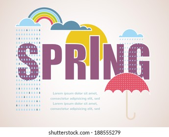 Vintage spring time card with sun, clouds and umbrella