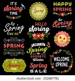 Vintage Spring typography design with labels, icons elements collection