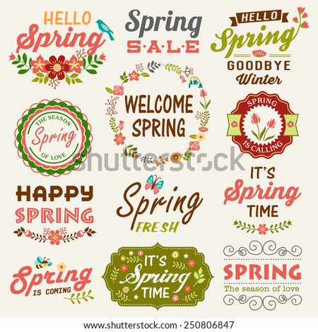 Vintage Spring typography design with labels, icons elements collection