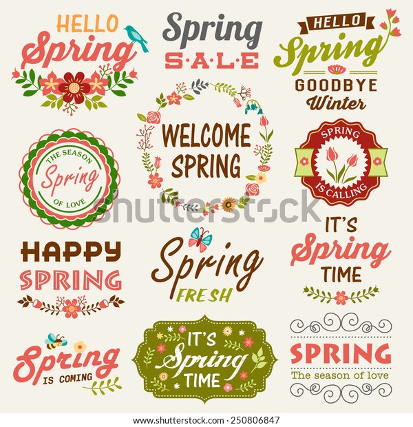 Vintage Spring typography design with labels,\
icons elements\
collection