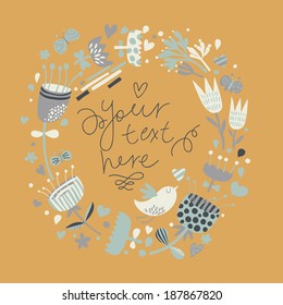 Vintage spring wreath with bird in yellow colors. Stylish floral background with text and cute cartoon bird in vector