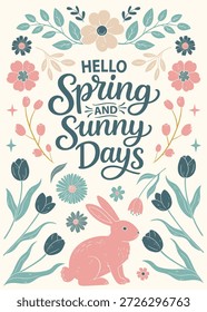 Cartel de primavera de Antiguas con letras de primavera de hola en estilo de textura plana. Conejo de Pascua, flores y decoración de temporada en colores pastel