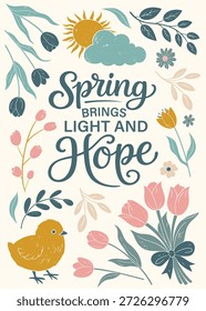 Cartel de primavera de Antiguas con letras en estilo de textura plana. Pollito, tulipanes y hojas en colores pastel. Tarjeta de Pascua