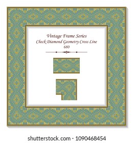 Vintage square 3D frame check diamond geometry cross stitch line, retro style template ideal for invitation or greeting card design.