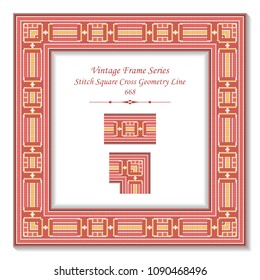 Vintage square 3D frame pink stitch square cross geometry line, retro style template ideal for invitation or greeting card design.