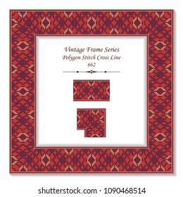 Vintage square 3D frame red polygon stitch cross line, retro style template ideal for invitation or greeting card design.