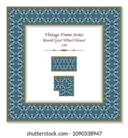 Vintage square 3D frame round gear wheel geometry flower, retro style template ideal for invitation or greeting card design.