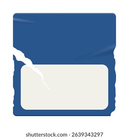 Vintage square blue and white sticker with a ripped paper edge. Retro promotional blank element with aged, worn look grunge. Wrinkled old shape for scrapbook designs, print, poster.	