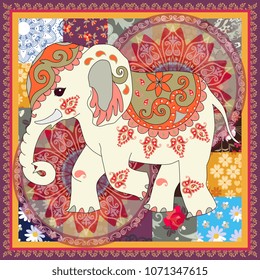 Vintage square card with cute cartoon indian elephant, flower mandala and paisley in patchwork style. Napkin, cushion, print for bag. Ethnic motives. Vector summer design.