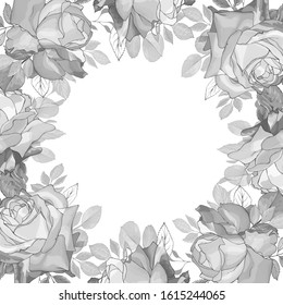 Vintage square floral frame with outline gray flowers rose and leaves on white background. Place for text. Hand drawn. For your design, greeting cards, wedding invitations. Vector stock illustration.