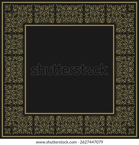 Vintage square frame with complex golden ornament on black background. Vector illustration