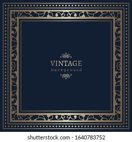 Vintage square frame with gold border pattern. Golden decoration on dark blue background. Vector template for laser cutting. Stencil ornament for invitation card design. Place for text