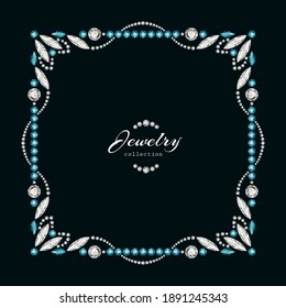 Vintage square frame with jewelry border pattern with diamonds and emerald gemstones, vector jewellery ornament on black background, elegant decoration for book cover or fashionable packaging design