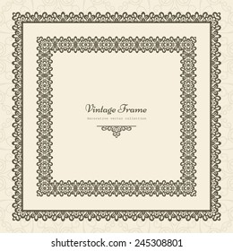 Vintage square frame with lace border, vector lacy background