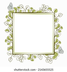Vintage square frame with leaves and butterfly. The title page. Print for printing on sharper and invitations