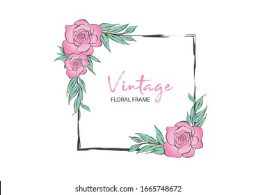 Vintage Square frame with pink rose vector illustration can be use for invitation, wedding, greeting cards, Floral Frame, Rose painting 