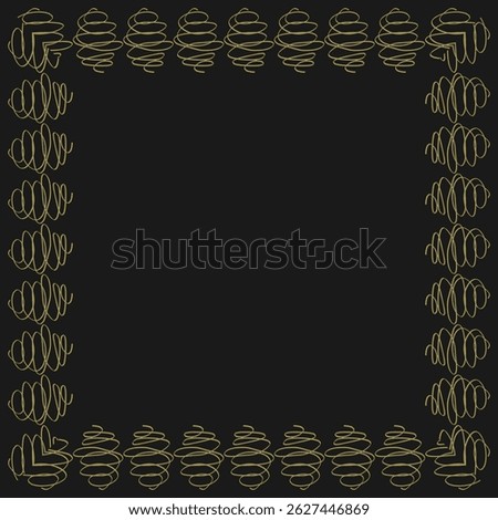 Vintage square frame with scribble ornament. Gold on black background. Vector illustration