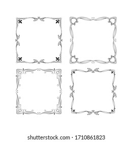 Vintage square frames set. Ornate filigree borders.  Vector isolated swirl decor. Royal wedding invitation card templates.