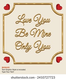 Vintage square gold frame with hearts, golden rails, copy space, chamfered corners on white background for Valentines Day. Template for holiday print, posts. Text graphic style included