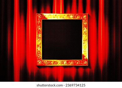 Vintage square gold frame with light bulbs on a red curtain background. A spectacular banner. Vector illustration