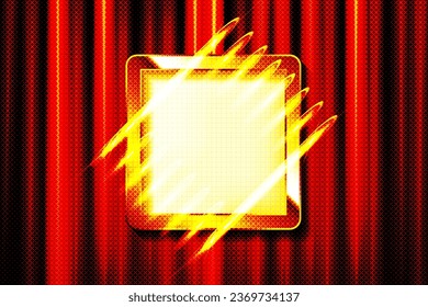 Vintage square gold frame with light bulbs on a red curtain background. A spectacular banner. Vector illustration