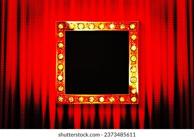 Vintage square gold frame with light bulbs on a red curtain background. A spectacular banner. Vector illustration