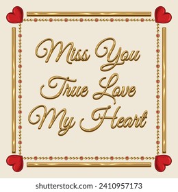 Vintage square gold frame with red hearts, golden rails, chains, copy space, on white background for Valentines Day. Short holiday phrases. Template for print, posts.