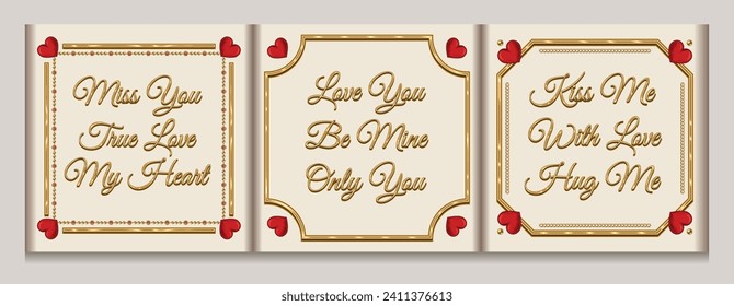 Vintage square gold frames with red hearts, golden rails, chains, copy space, chamfered corners on white background for Valentines Day. Short holiday phrases. Template for print, posts.