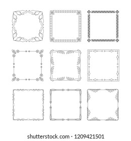 Vintage square hand drawn frames set, vector isolated flourish design elements. 