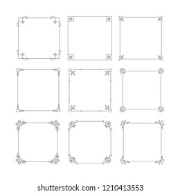 Vintage square hand drawn wedding frames set, vector isolated flourish design elements. 