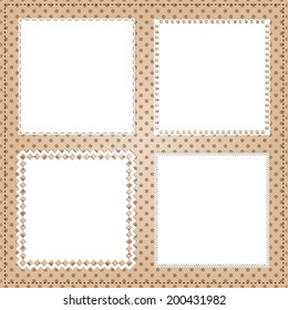 Vintage square lace frame layout for photos, text, or scrapbooking. Polka dot background, vector format