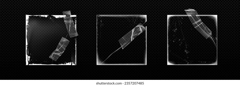 Vintage square paper torn overlay with tape edge on black background. Worn and scratch photo corner effect mockup with glued transparent wrinkle scotch line. Damaged texture for card art design
