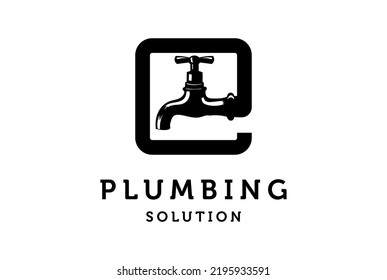 Vintage Square Pipe with Water Faucet for Tap Plumbing Sanitary Service Logo Design Vector