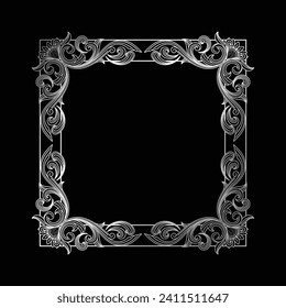 Vintage Square Royal Border Frame with Art Deco Ornaments on Black Dark Background
