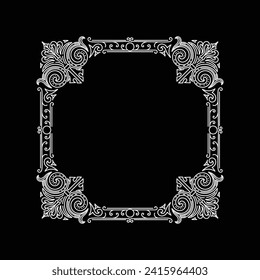 Vintage Square Royal Border Frame with Ornaments on Black Dark Background