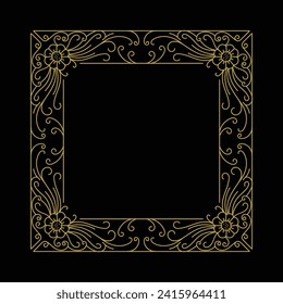 Vintage Square Royal Border Frame with Art Deco Flower Ornaments on Black Dark Background