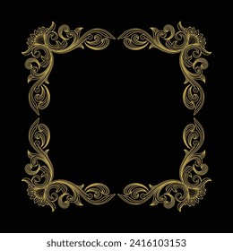 Vintage Square Royal Border Frame with Golden Art Deco Ornaments on Black Dark Background