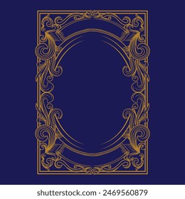 Vintage Square Royal Border Frame with Golden Art Deco Ornaments on Blue Dark Background